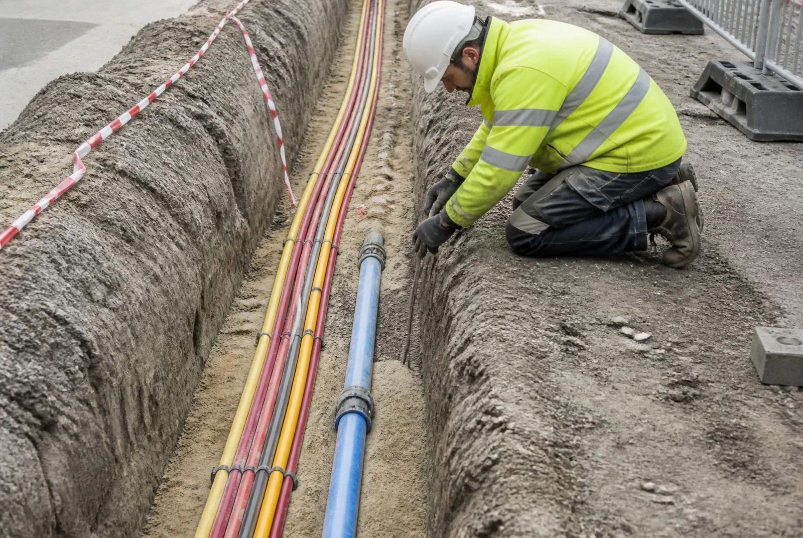 Schmaler Leitungsgraben mit farbigen Schutzrohren und Wasserleitung auf Sandbettung